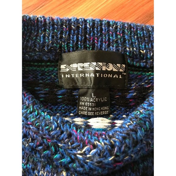 Men's Blue Patterned Crewneck Sweater - Picture 2 of 4